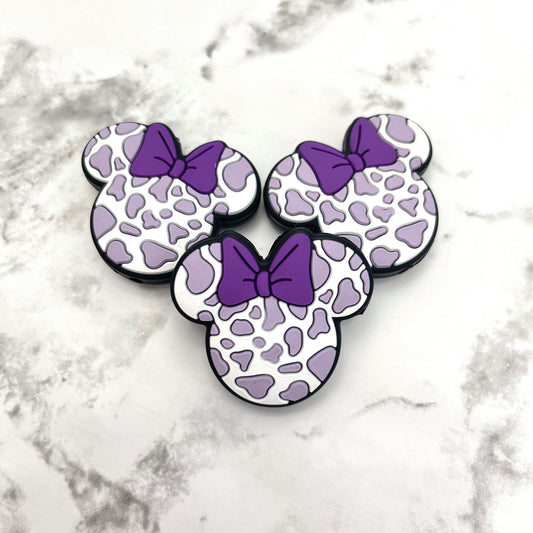 Purple Bow Girl Mouse Head Cow Print Silicone Focal Bead