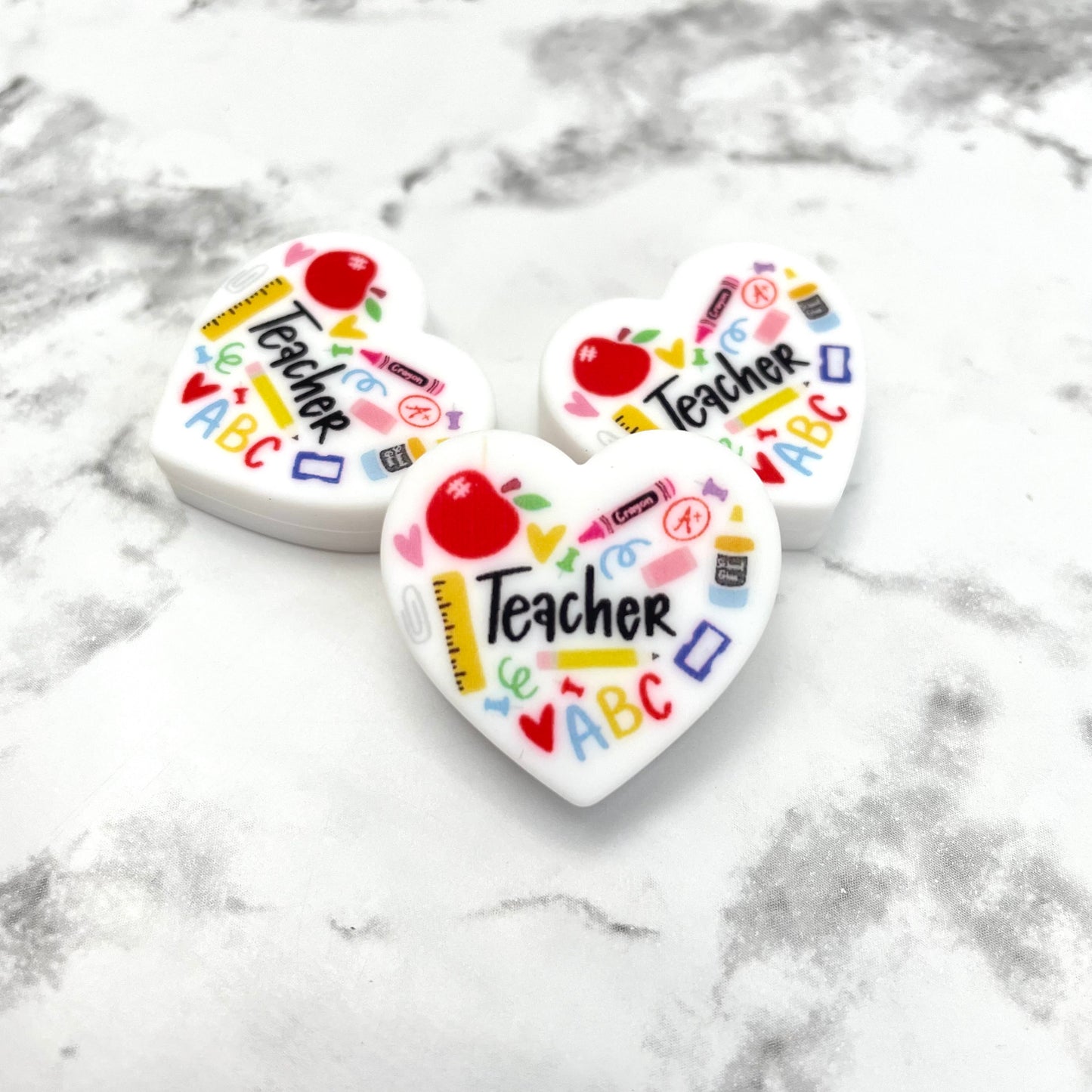 Teacher Heart Printed Silicone Focal Bead