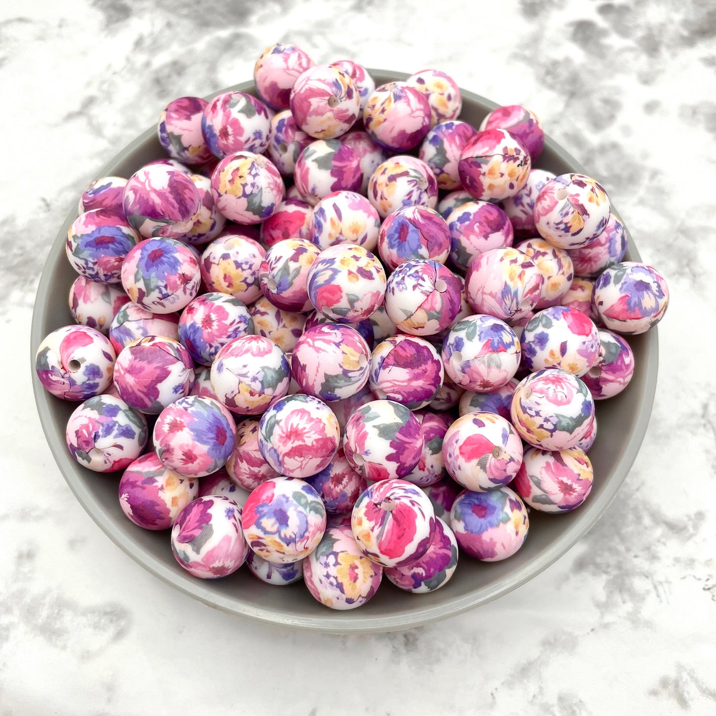 15mm Round Silicone Beads - Lovely Floral Print