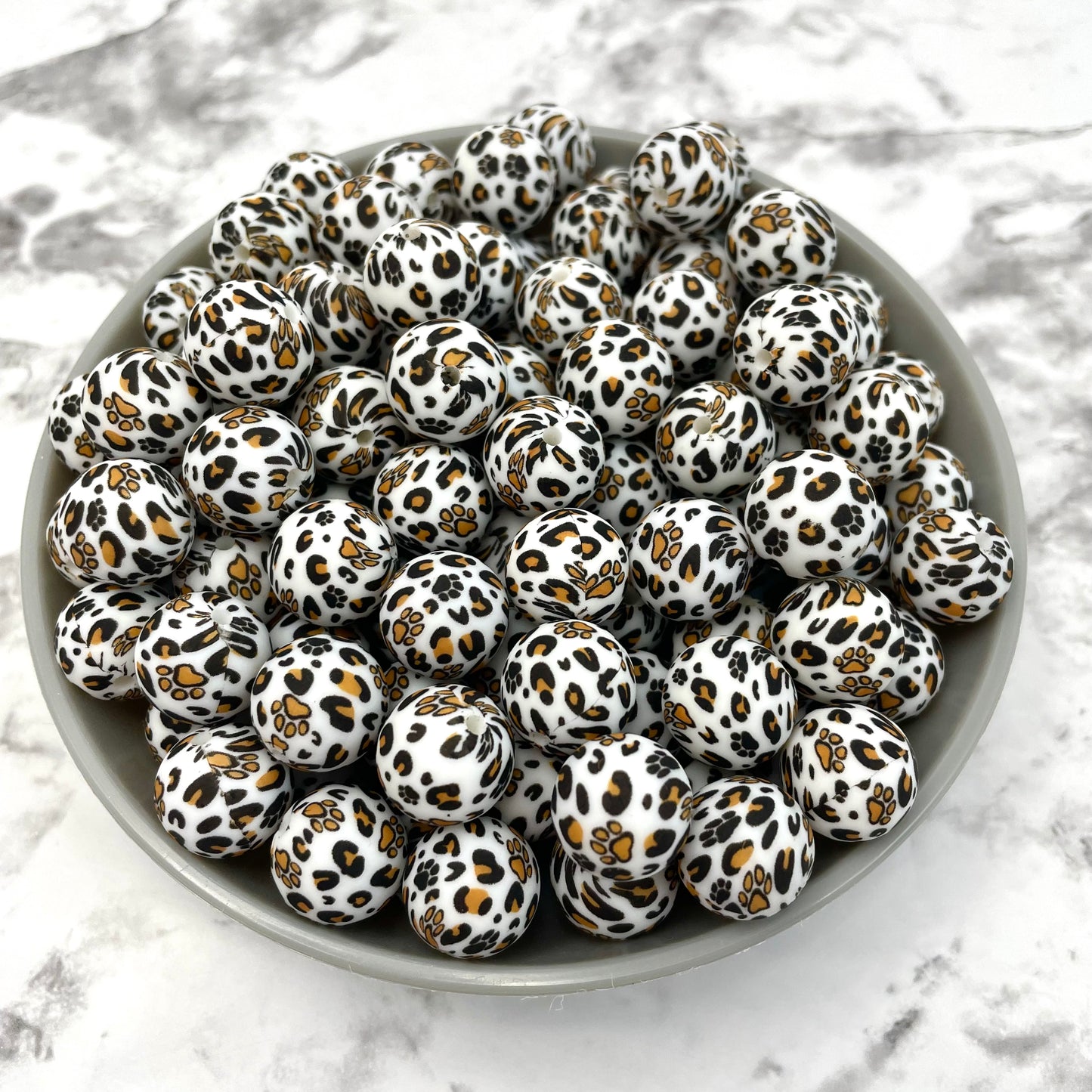 15mm Round Silicone Beads - Leopard Paw Print