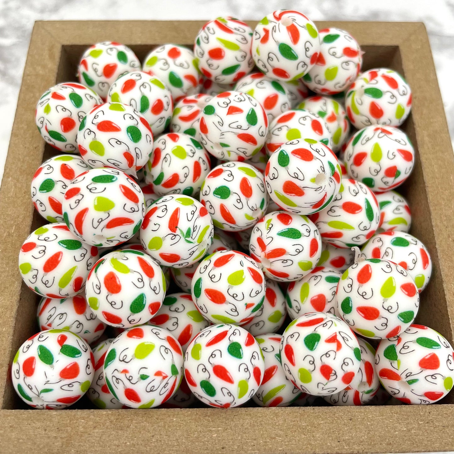 15mm Round Silicone Beads - Christmas Lights Print