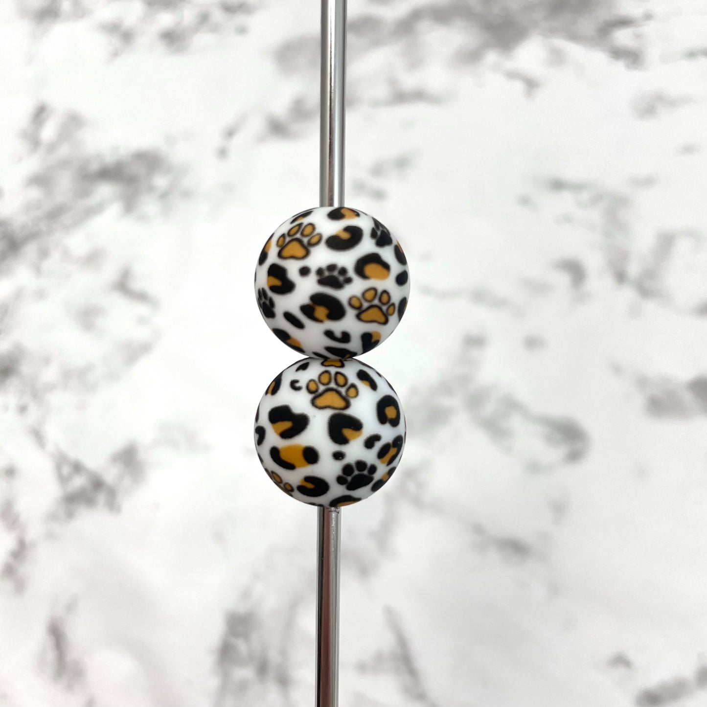 15mm Round Silicone Beads - Leopard Paw Print