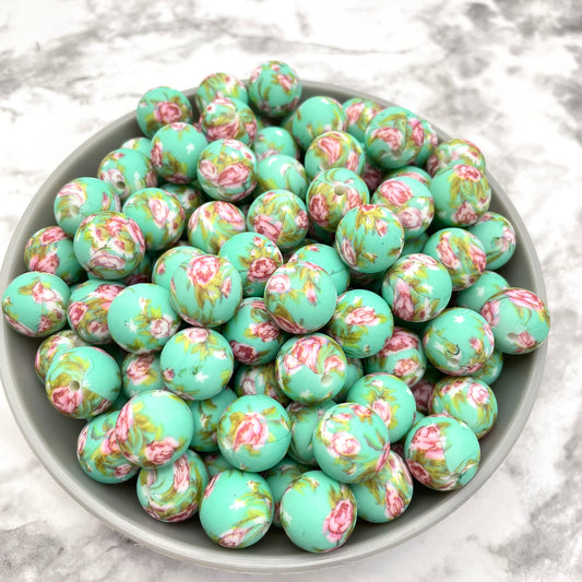 15mm Round Silicone Beads - Mint Floral Print