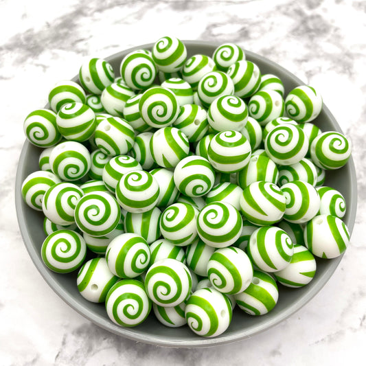 15mm Round Silicone Beads - Green Swirl Print