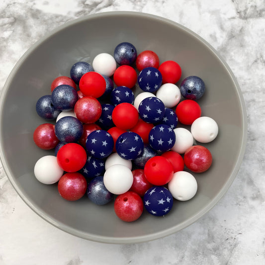 15mm Silicone Bead Pack - Patriotic Sparkle (50pcs)