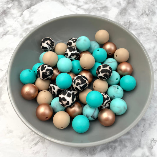 15mm Silicone Bead Pack - Turquoise Leopard (50pcs)