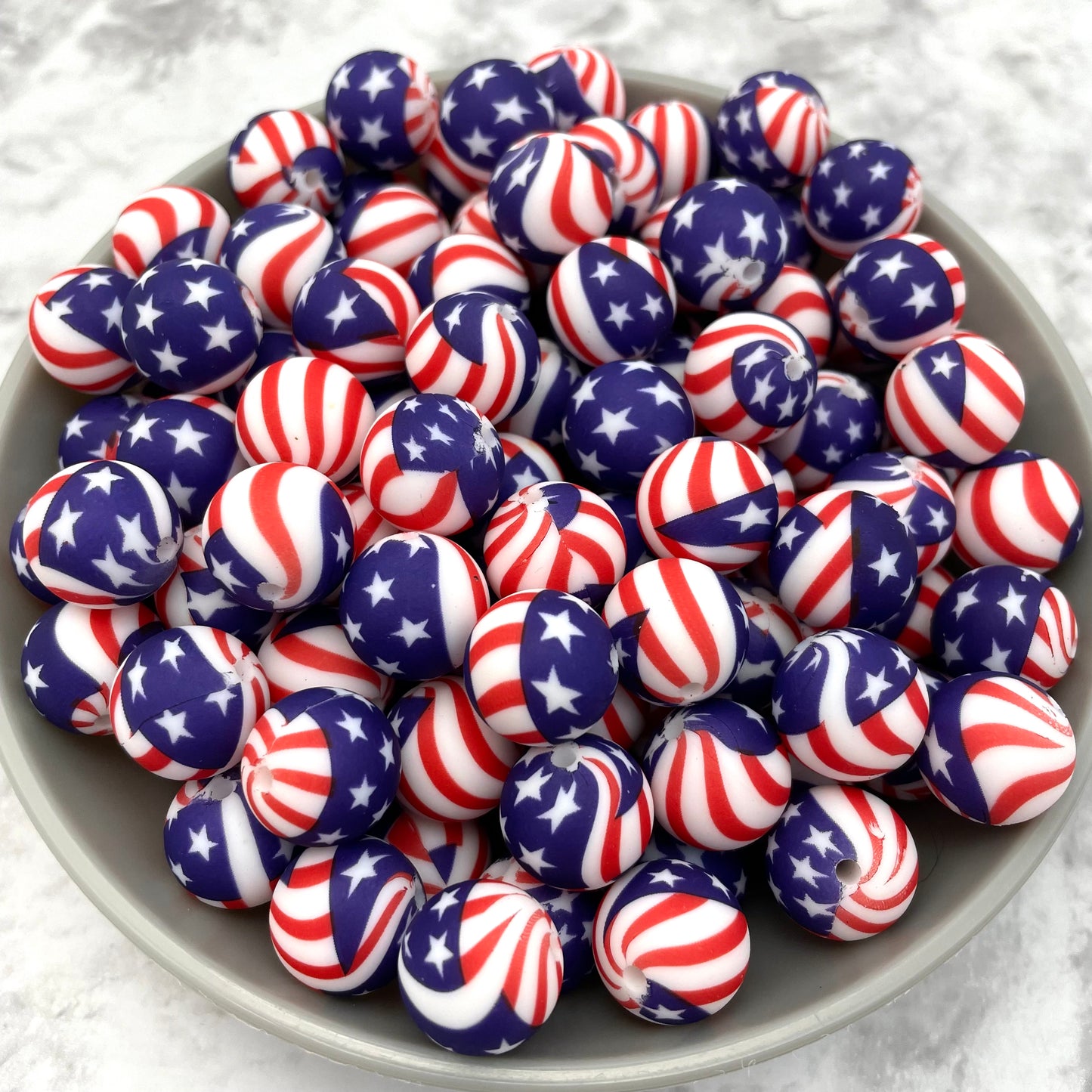 15mm Round Silicone Beads - American Flag Print