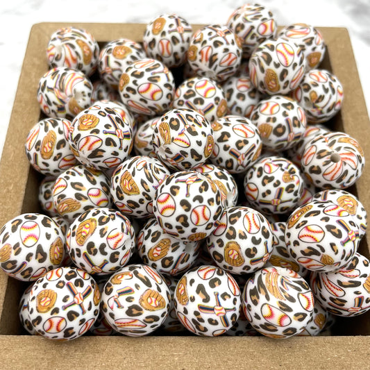 15mm Round Silicone Beads - Baseball Leopard Print