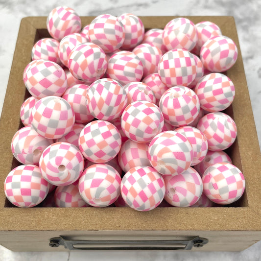 15mm Round Silicone Beads - Pastel Checkered Print