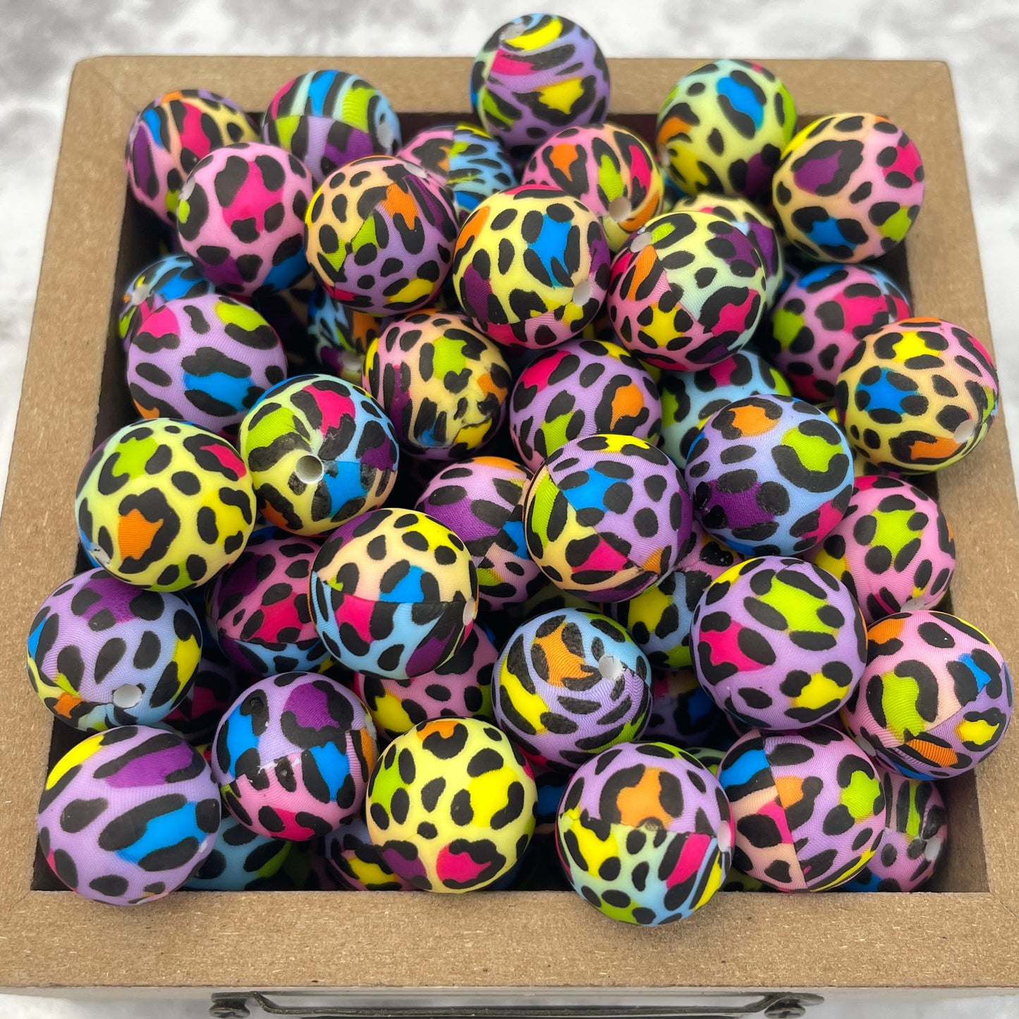 15mm Round Silicone Beads - Rainbow Leopard Print