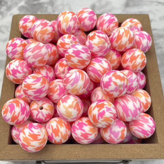 15mm Round Silicone Beads - Neon Houndstooth Print