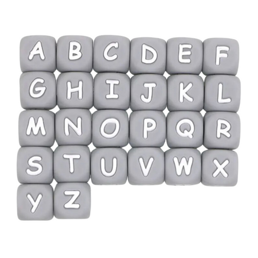 12mm Letter Silicone Beads - Gray with White Letters