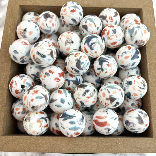 15mm Round Silicone Beads - Sea Terrazzo Print