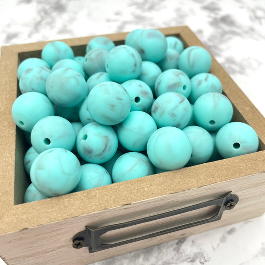 15mm Teal Marble Swirl Silicone Beads, Blue Round Silicone Beads