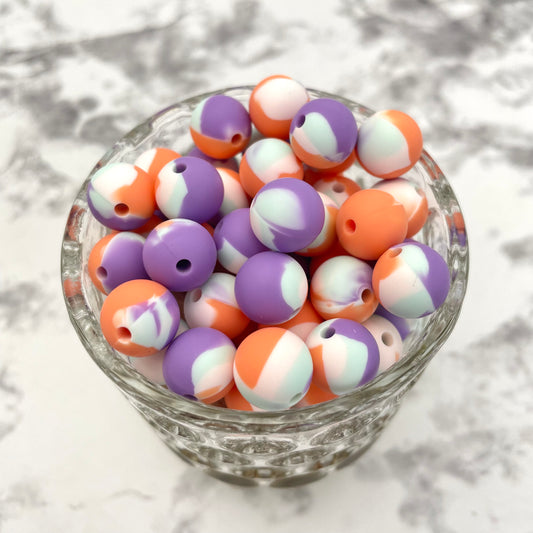 12mm Round Silicone Beads - Purple Party Tie Dye