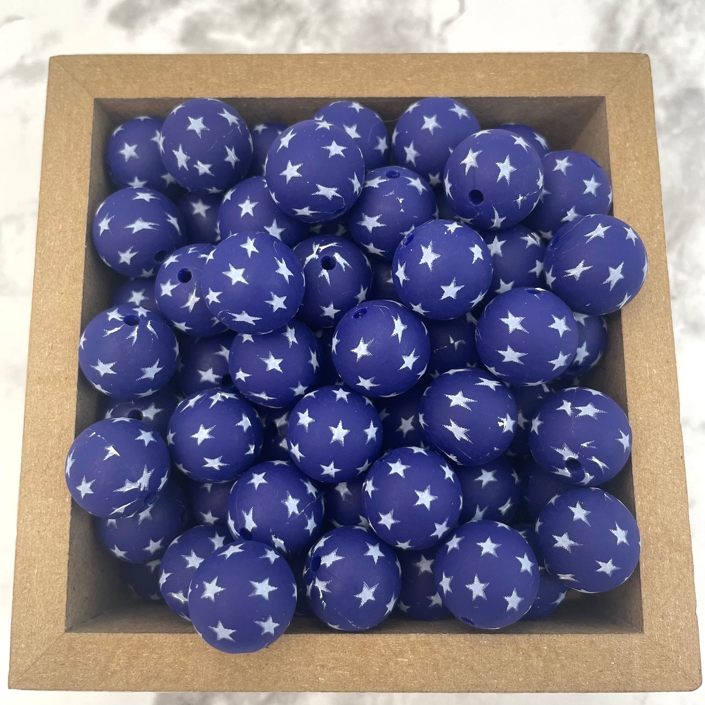 15mm Round Silicone Beads - Navy Star Print