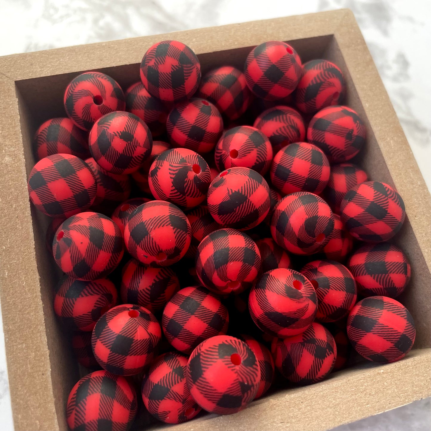 15mm Round Silicone Beads - Red Buffalo Plaid Print