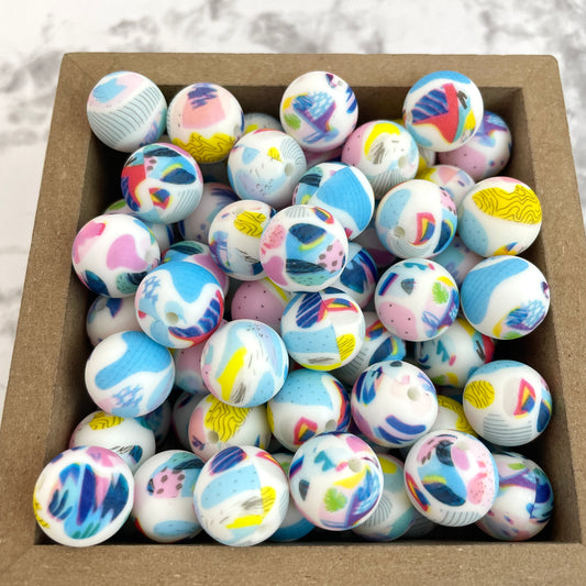 15mm Round Silicone Beads - Playful Abstract Print