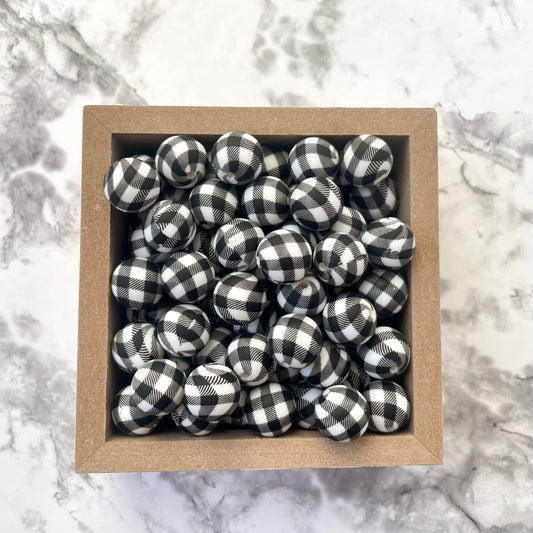 15mm Round Silicone Beads - White Buffalo Plaid Print