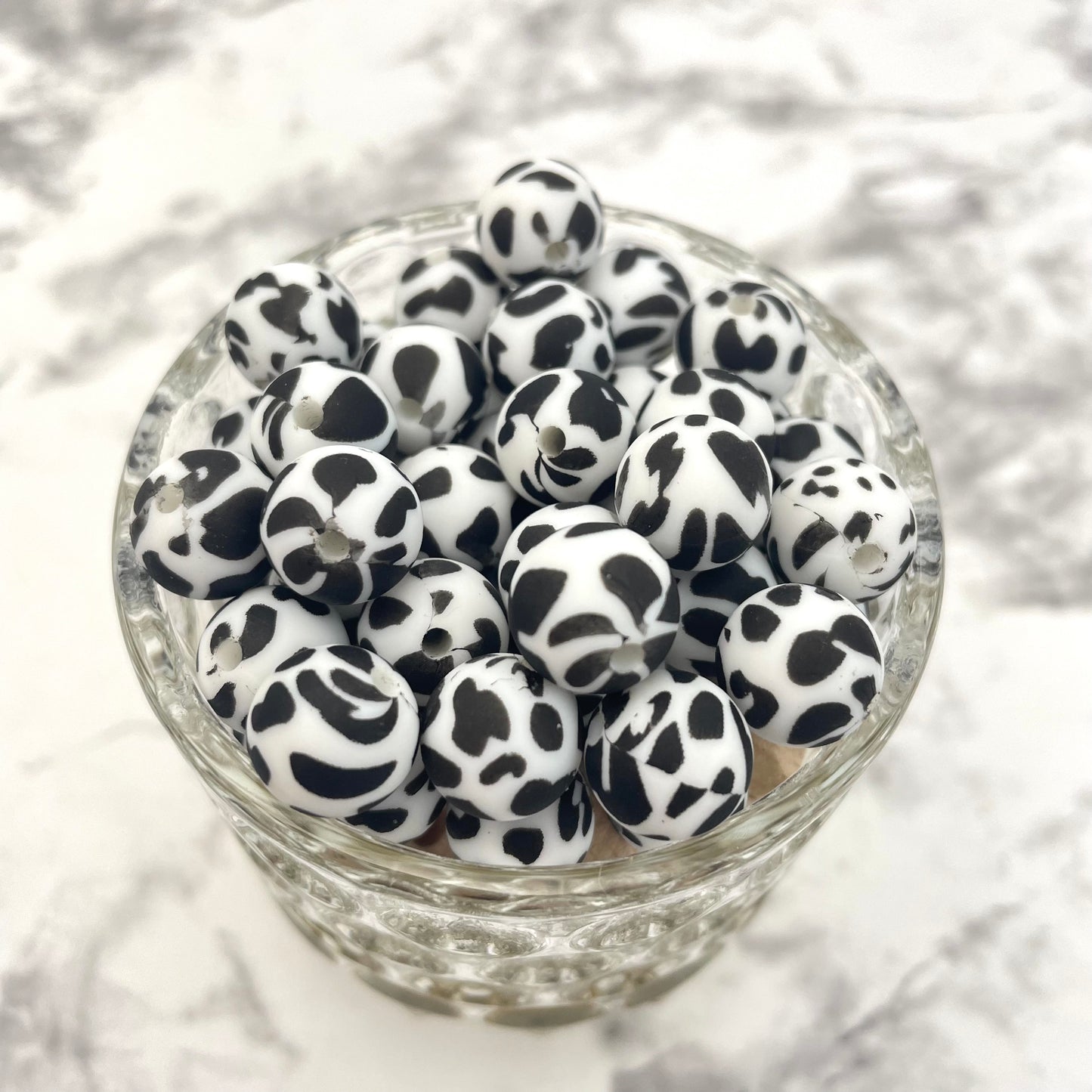 12mm Round Silicone Beads - Black Cow Print