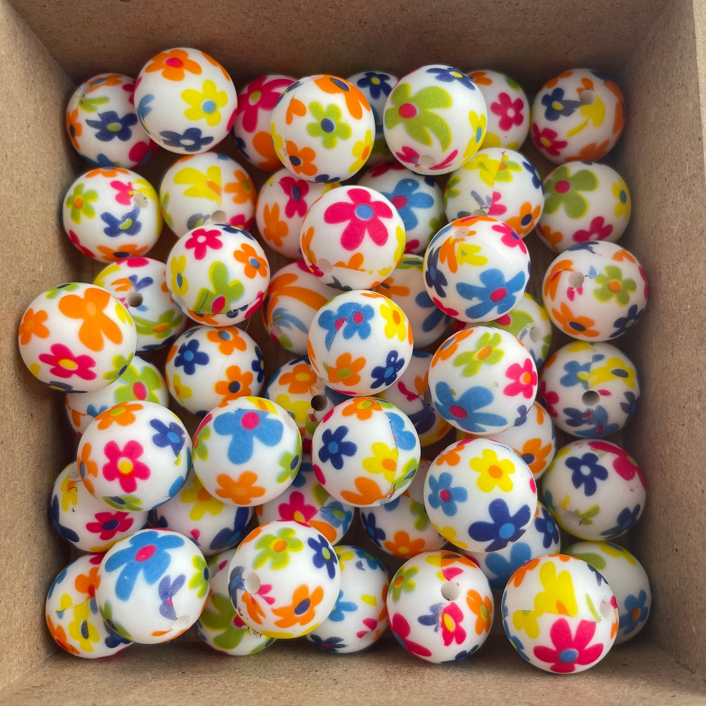 15mm Round Silicone Beads - Bright Flowers Print