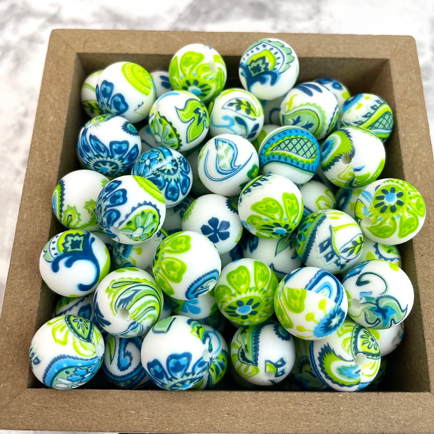 15mm Round Silicone Beads - Green Paisley Print