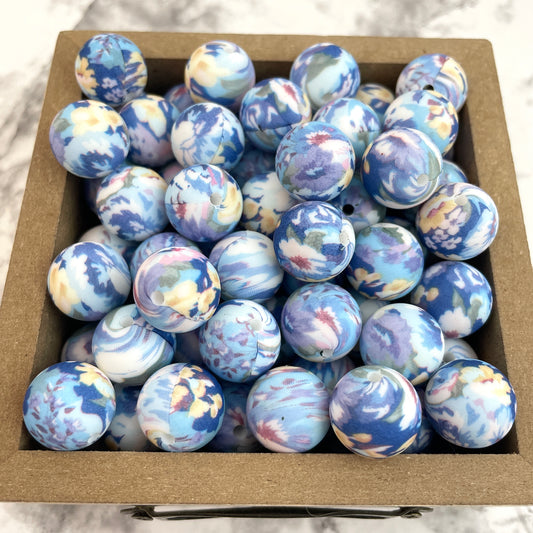 15mm Round Silicone Beads - Blue Iris Print