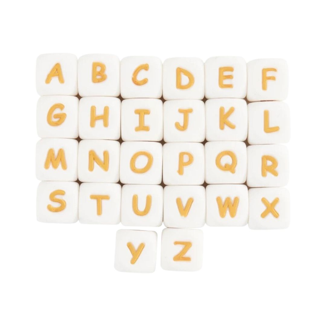 12mm Letter Silicone Beads - White with Gold Letter - Alphabet Pack