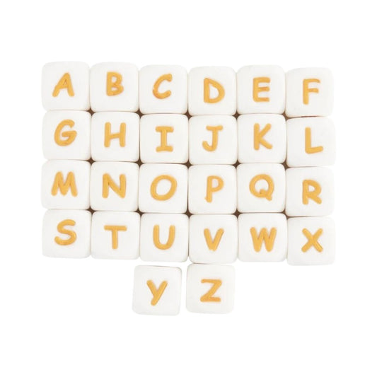 12mm Letter Silicone Beads - White with Gold Letter - Alphabet Pack