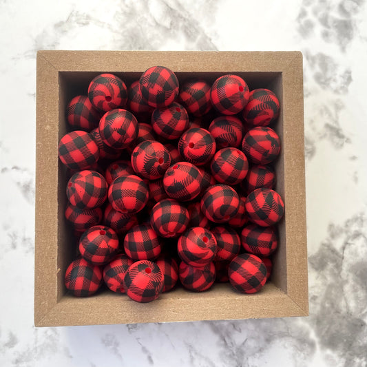 15mm Round Silicone Beads - Red Buffalo Plaid Print