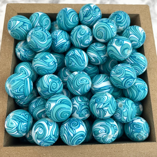 15mm Round Silicone Beads - Sea Swirl Print