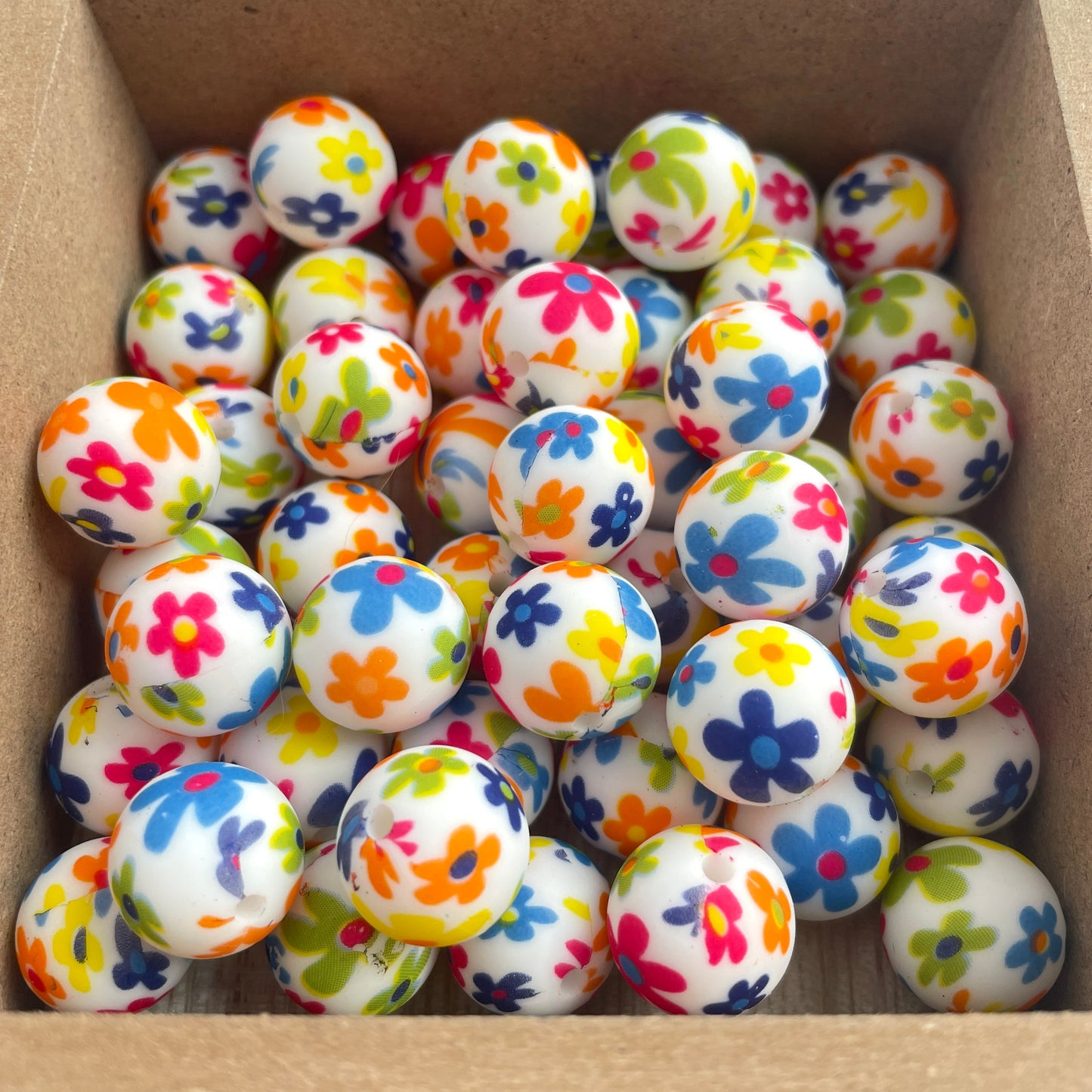 15mm Round Silicone Beads - Bright Flowers Print