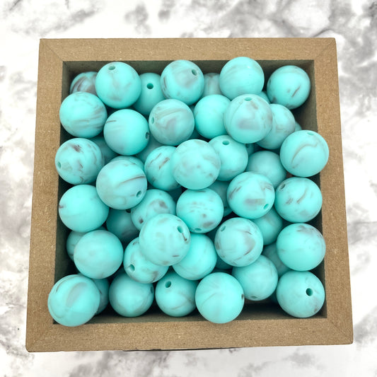 15mm Round Silicone Beads - Marble Turquoise