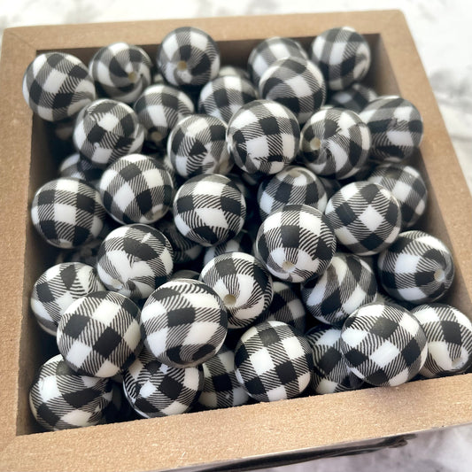 15mm Round Silicone Beads - White Buffalo Plaid Print