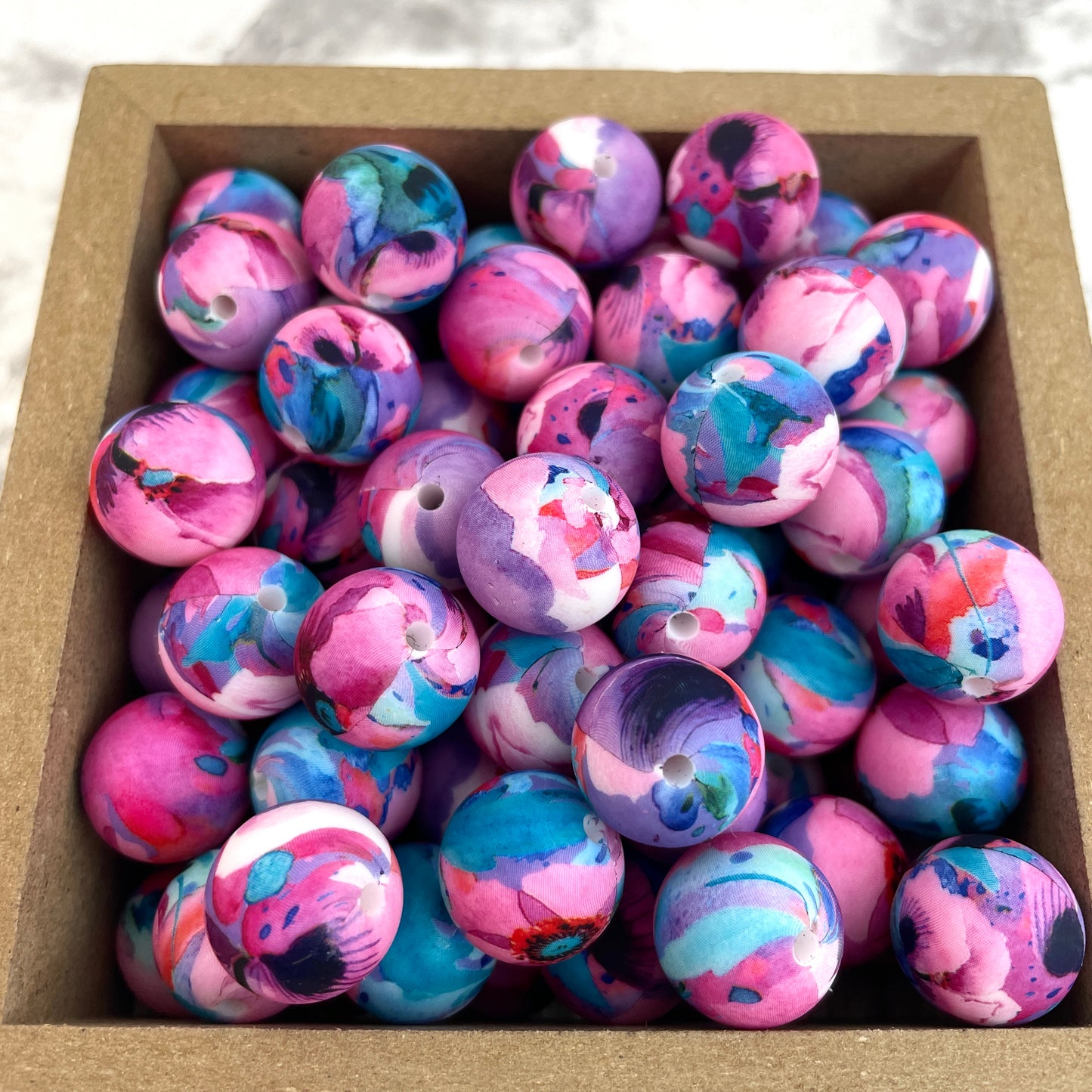 15mm Round Silicone Beads - Floral Watercolor Print