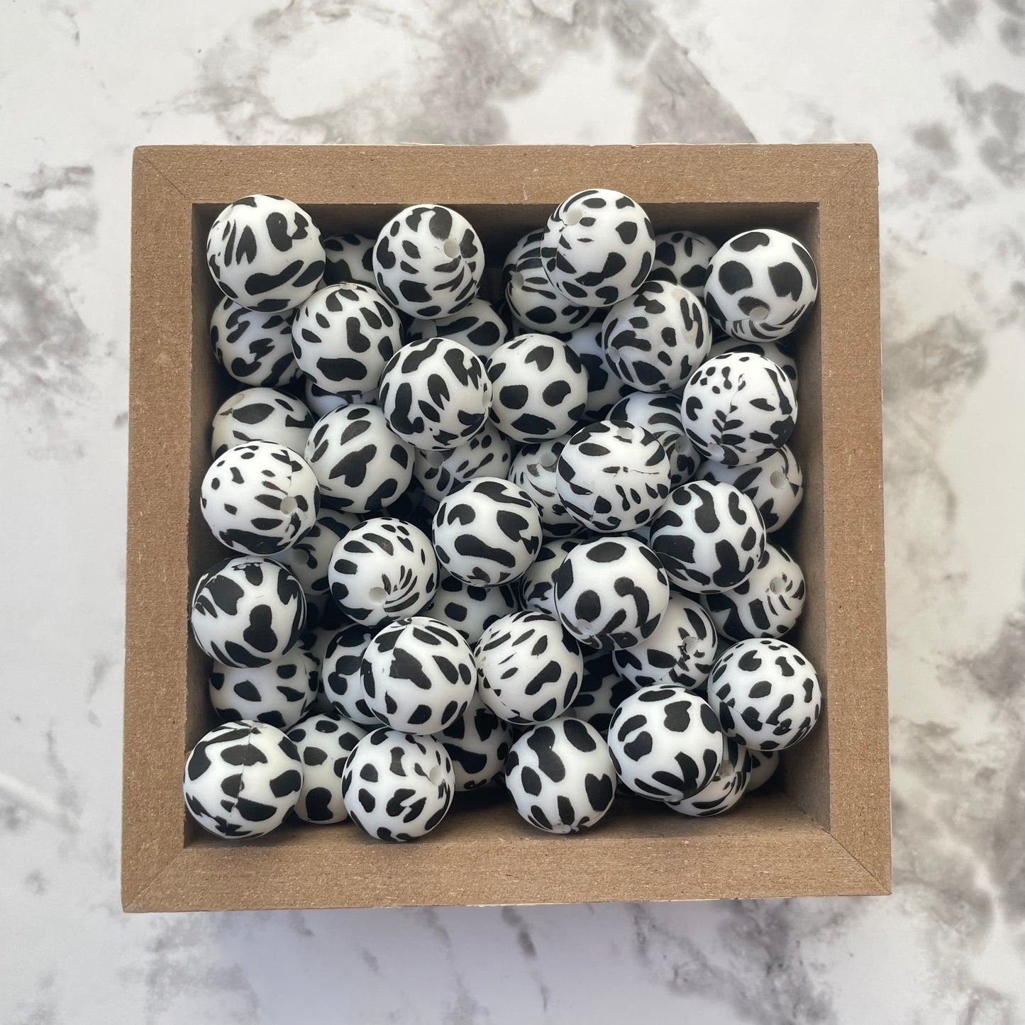 15mm Round Silicone Beads - Black Cow Print