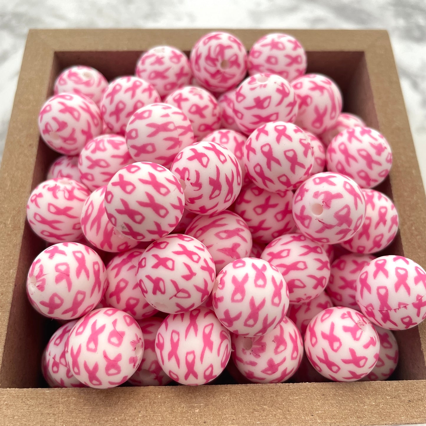 15mm Round Silicone Beads - Pink Cancer Ribbon Print