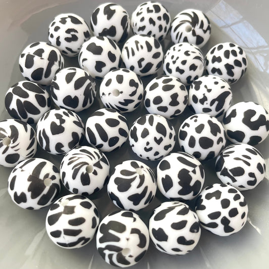 15mm White Baseball Softball Print Silicone Beads - Round - #111