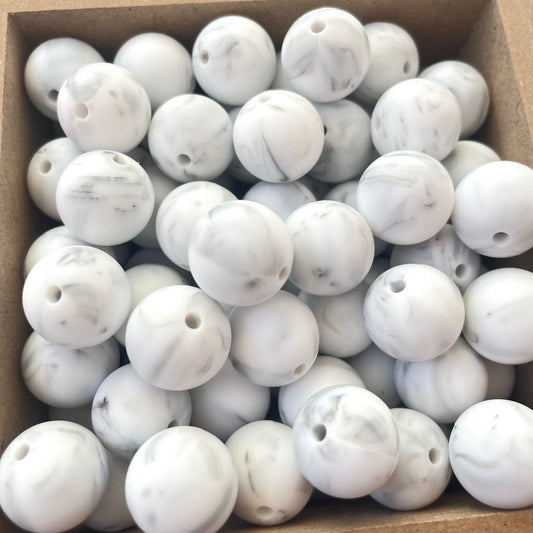 15mm Round Silicone Beads - White Marble