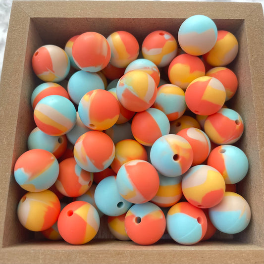 15mm Round Silicone Beads - Orange Sherbet Tie Dye