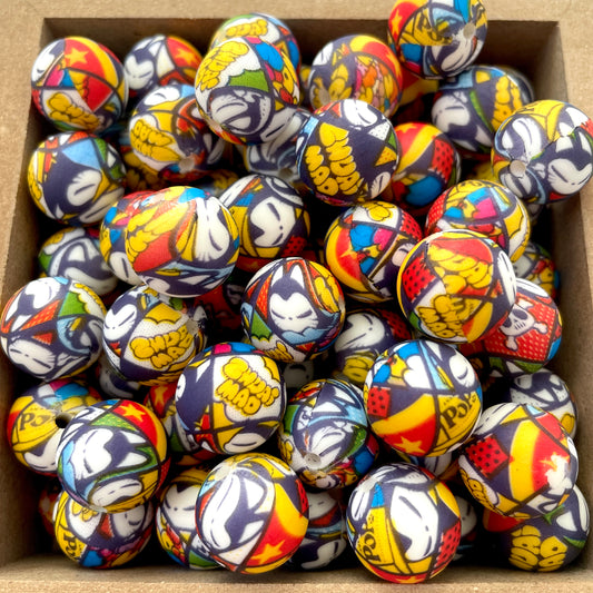 15mm Round Silicone Beads - Superhero Print