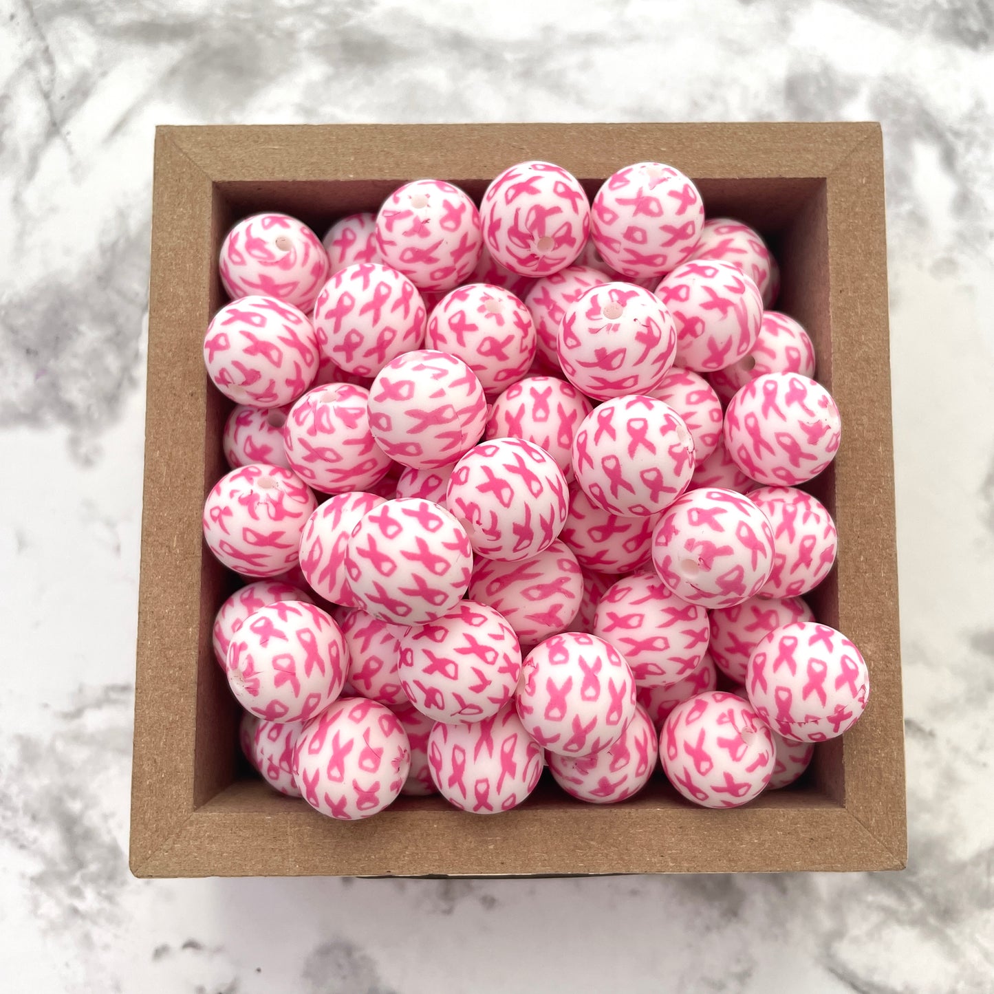 15mm Round Silicone Beads - Pink Cancer Ribbon Print