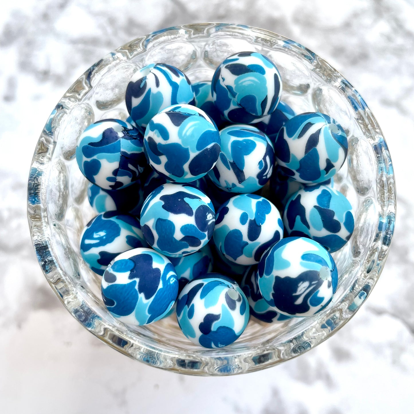 15mm Round Silicone Beads - Blue Camo Print